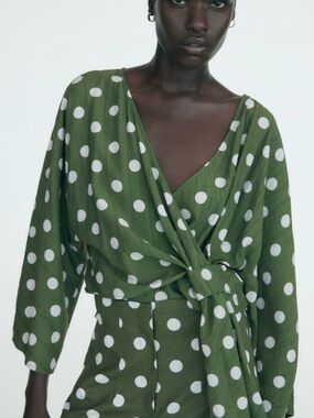 Zara Green/White Polka Dot Wrap Blouse